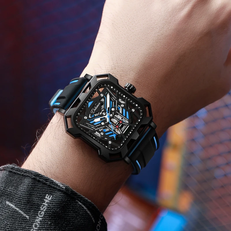 

Relogio Masculino Men's Automatic Mechanical Watches Unique Luminous Display Skeleton Black Steel Case Watch Men Relojes New