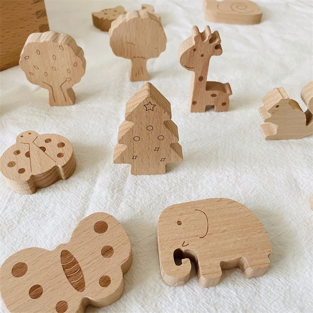 Wood Animal Figures Toys Handicraft Mini Animals Learning Toys Nordic Wooden Blocks Openend Play Educational Toys for Children 3