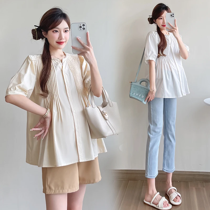 

Summer Office Lady Clothes Set Short Sleeve Long Loose Cotton Shirts+belly Trousers Pregnant Woman Twinset Maternity Clothes Set
