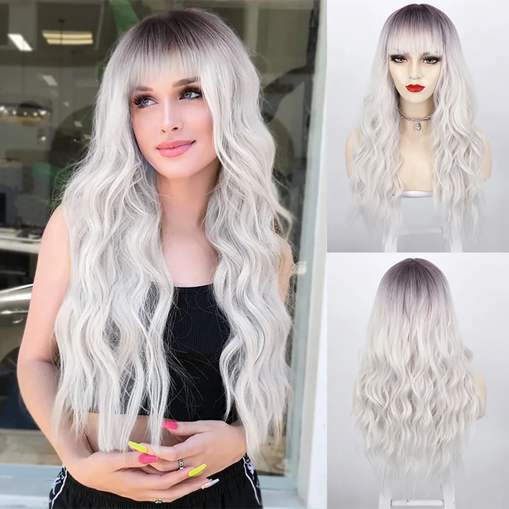 

Blonde Wig with Bangs Ombre Blonde Wig Women's 26 Inch Long Wavy Curly Synthetic Heat Resistant Fiber Wig for Girls Cosplay