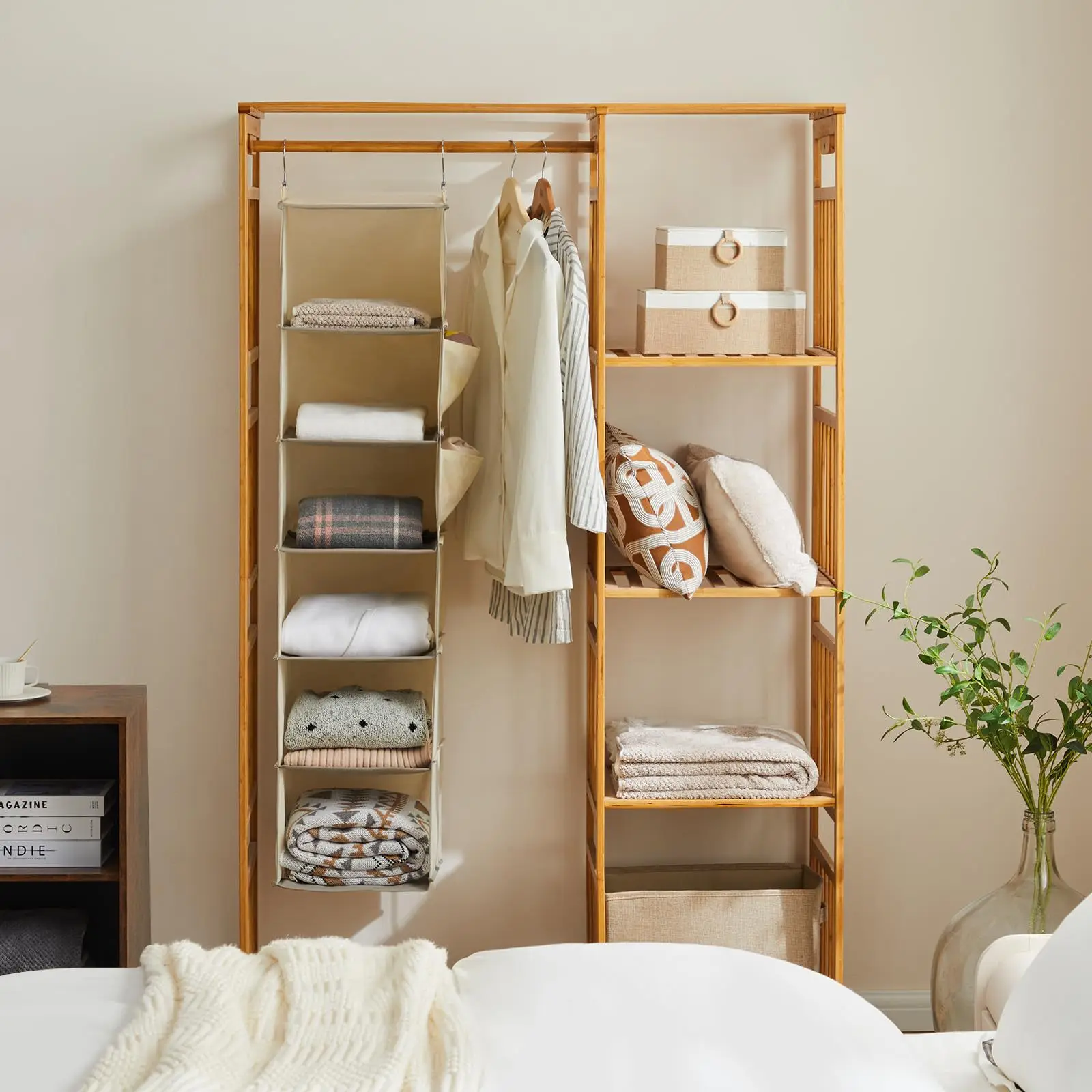 Foldable Metal Bamboo Sheet Hook Magic Stick Closet Organizer Multi-Purpose Layered Storage Bag Hanging Rack Bedroom Storage