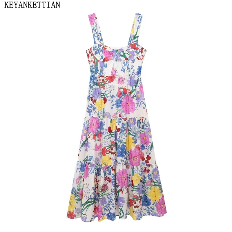

KEYANKETIAN, новинка 2024 года, женское платье с цветным цветочным принтом и лямкой на шее, летние праздничные облегающие платья миди с оборками в несколько рядов