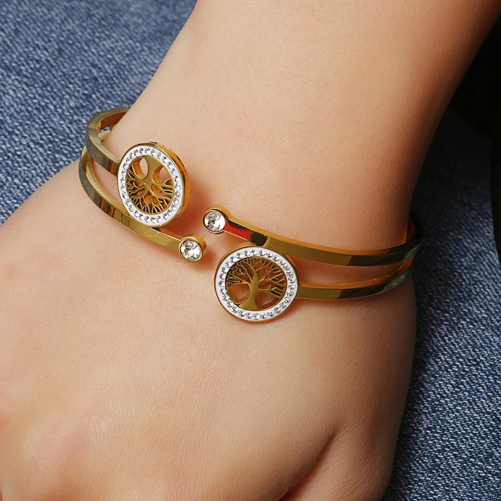Boho Trend Life Tree Charm Bangle for Women No Fade Color Stainless Steel Cubic Zircon Bangles Luxury Gift Cuff Jewelry 6
