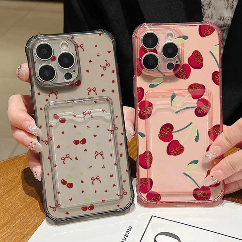 Red Cherry Pattern Shockproof Soft Silicone Phone Cover with Card Slot Pocket