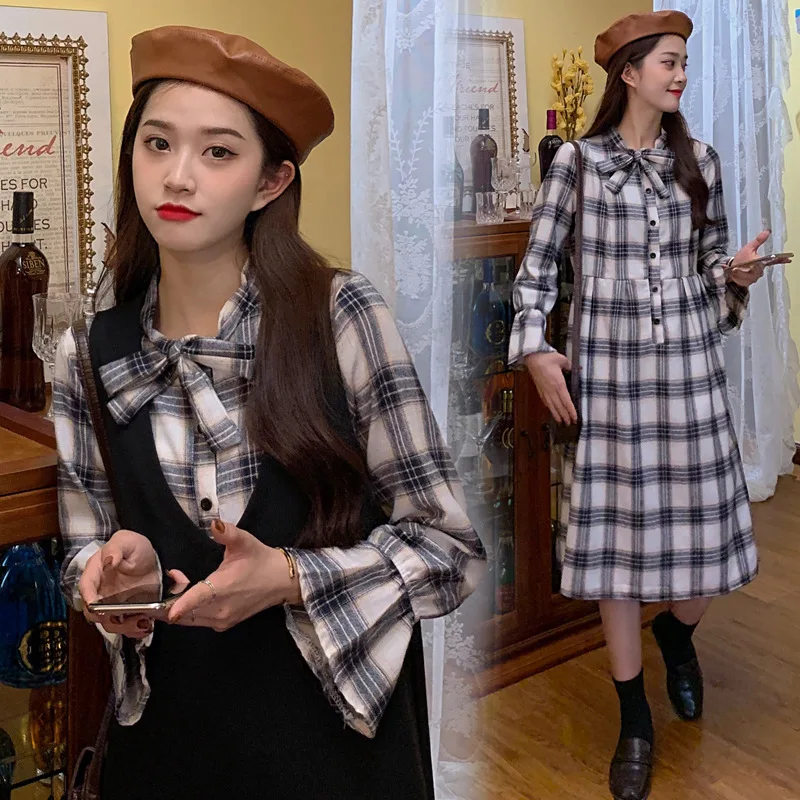 

Maternity Clothes Spring Fall Long Sleeve Plaid Shirt Dress + Vest Dress 2PCS Pregnant Women Outfits Pregnant Clothing Set