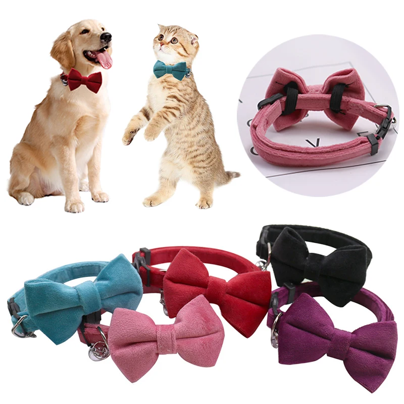 

Cat Collar Solid Color Velvet Bowknot Puppy Chihuahua Collars With Bell Adjustable Safety Buckle Cats Bow Tie Pets Accessories