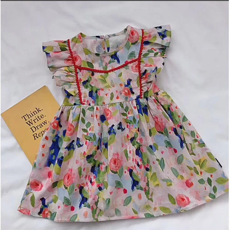 

One Piece Korean Style Summer Cotton Sleeveless Cute Floral Midi Dresses Outdoor Clothes For Young Girls From 3 To 8 Years Old