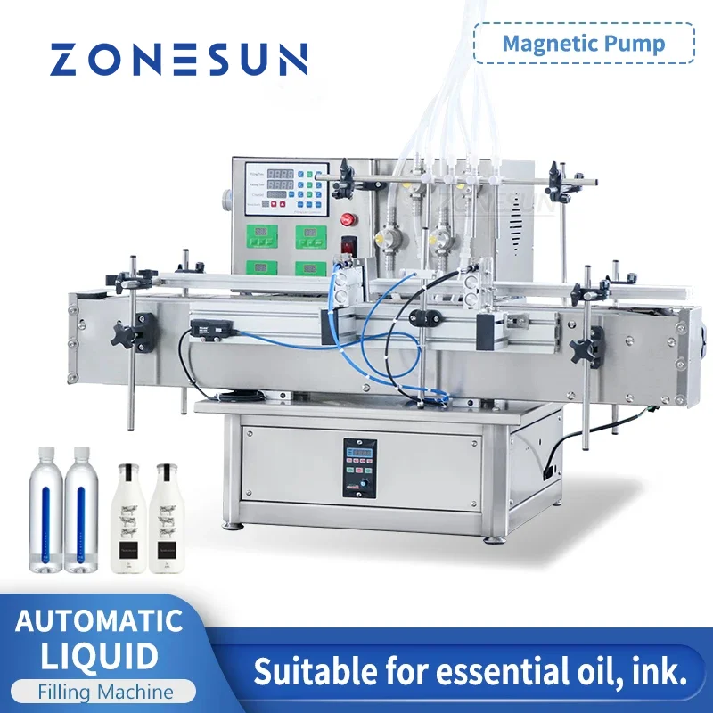 

ZONESUN Four Nozzles Desktop Automatic Water Perfume Bottle Filler Magnetic Pump Juice Milk Liquid Filling Machine