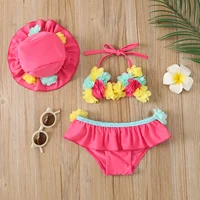 Infant Baby Girls Three-piece Bathing Suit, Flower Halter Neck Swimming Tops, Bottoms and Sun Protection Cap 4