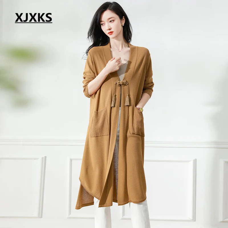 

XJXKS Loose Oversize Women's Long Cardigan 2023 Spring And Autumn New Delicate Chinese Knot Knitted Sweater Jacket