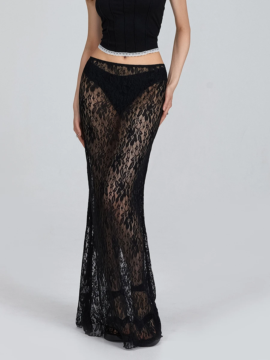 

Women Sheer Lace Maxi Skirt Female Summer Elastic Waistband See Through Bodycon Long Skirts for Party Club Streetwear Y2K Fairy