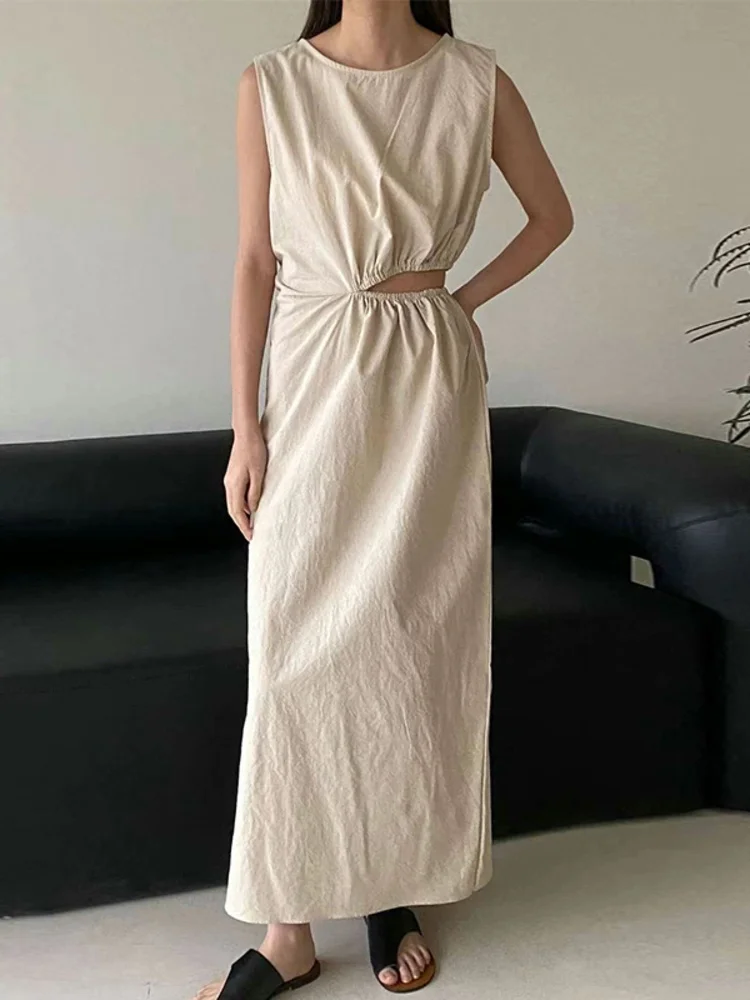 

Women Hollow Out Elastic Waist Vest Dress Solid Color Sleeveless Causal Maxi Dresses 2023 Summer New Fashion Vestido Y046