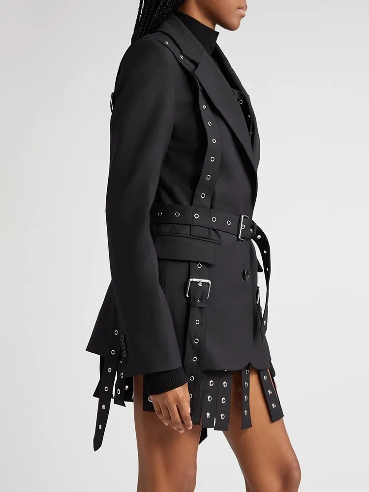 TWOTWINSTYLE Solid Patchwork Belts Blazers For Women Notched Collar Long Sleeve Patchwork Single Breasted Chic Blazer Female New 2