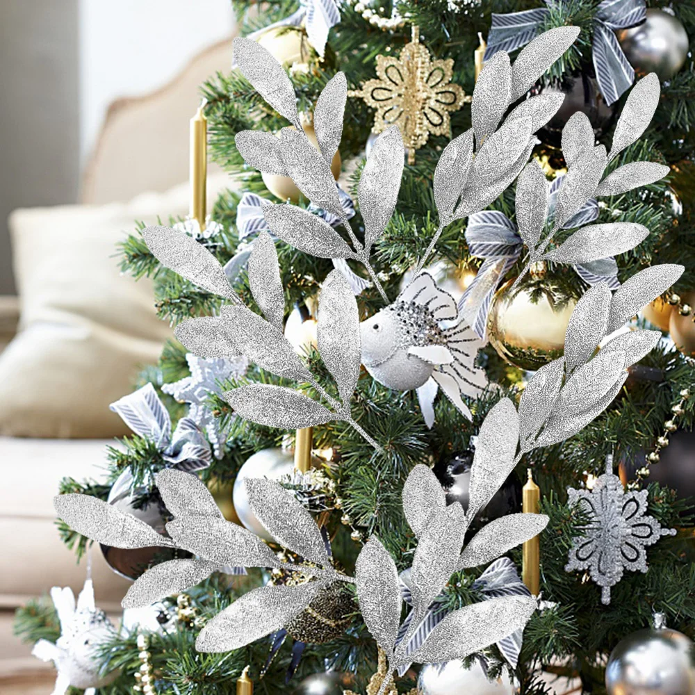 Glitter Gold Silver Leaves Christmas Tree Decoration Artificial Plants Leaves New Year Gift Christmas Party Decoration 10/1Pcs