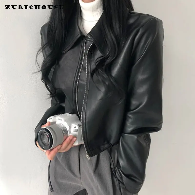 Cropped Leather Jacket for Women Fashion Lapel Zipper Biker Top Coats Casual Long Sleeve Faux Leather Ladies Jackets mujer
