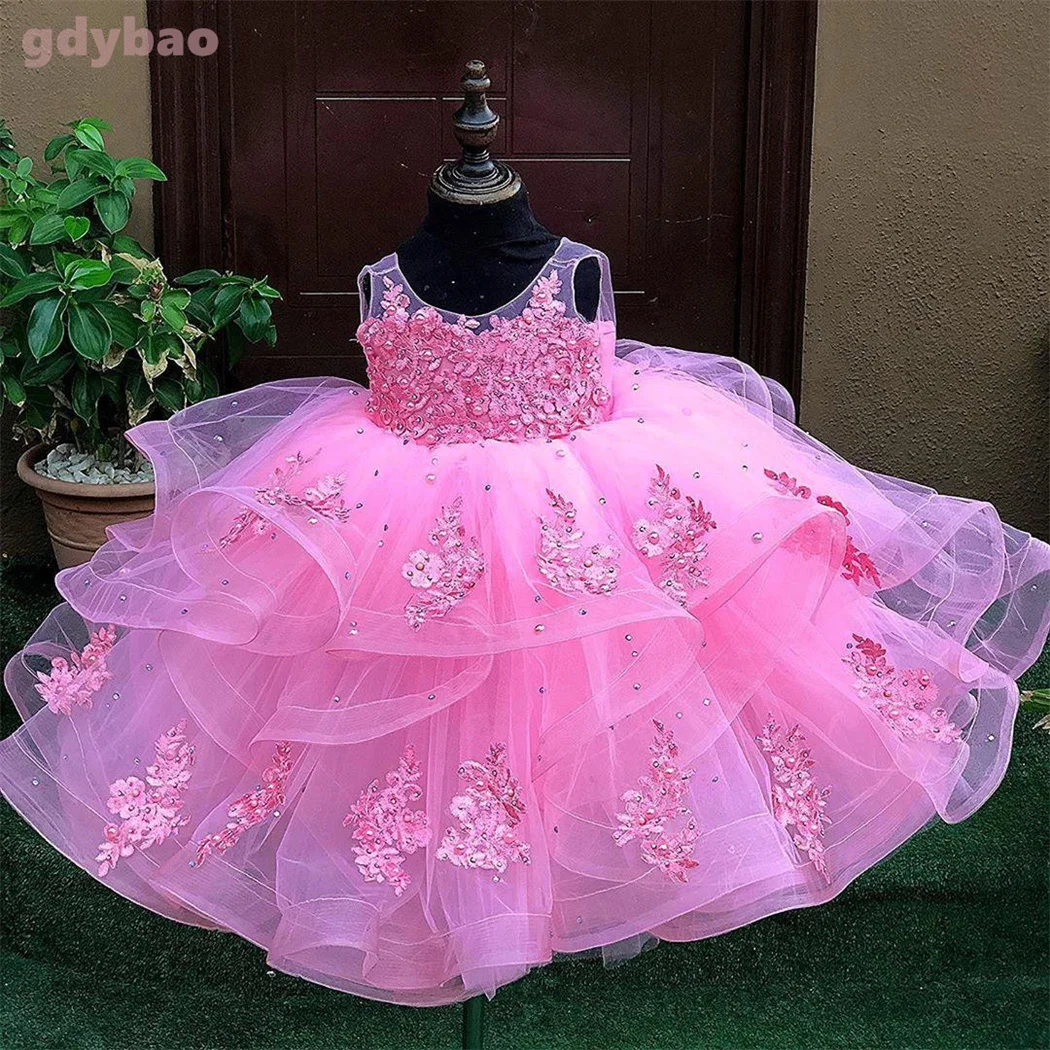 

A + розовое платье принцессы с жемчугом, бусинами, пышное платье для первого причастия, платья для девочек с цветами, милое детское платье для девочек, платье для первого причастия