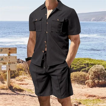 Casual Men s Summer Set Stylish Short Sleeve Button Up Shirt and Comfortable Elastic Waist Shorts in Solid Colors for Beach 5
