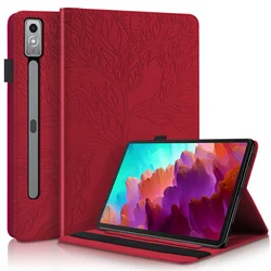 Embossed Tree Flip Wallet Stand Tablet Cover, 12.7 Inch for Lenovo P12 12.7 inch (Red)