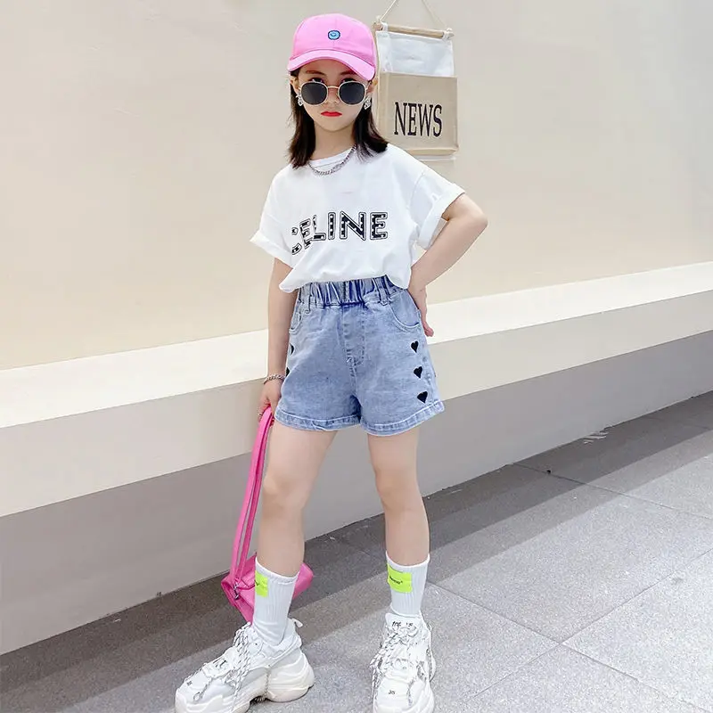 Summer Kids Clothes Girls High Waist Casual Denim Shorts Pocket Tassel Perforated Fashion Shorts Embroidery Beach Outdoor