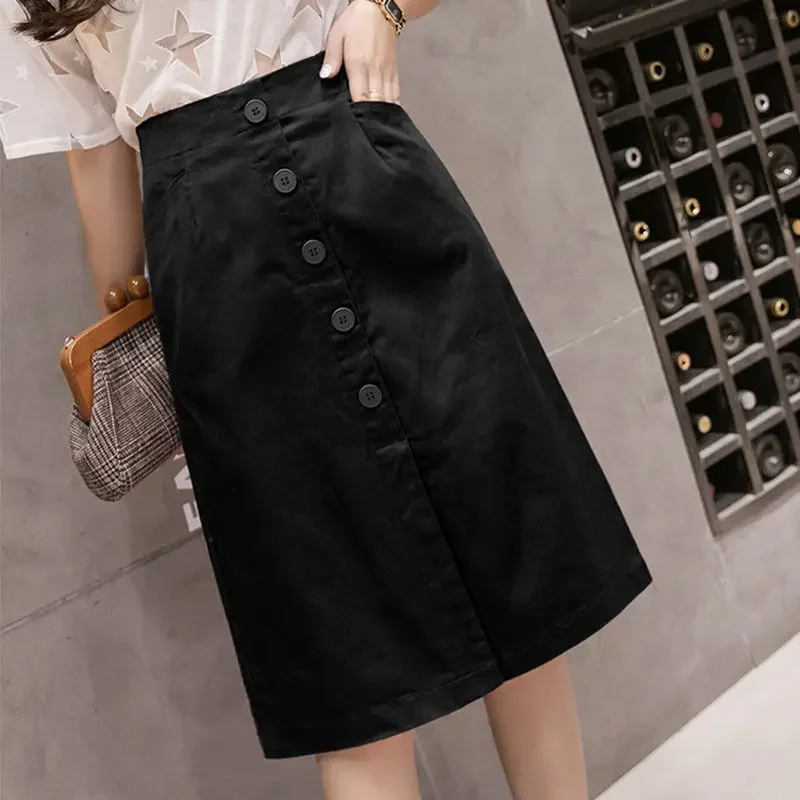 Women Skirts High Waist Fashion Casual Elastic Waist A-Line Split Summer Female Slim Elegant Single-breasted Mid-length Skirts