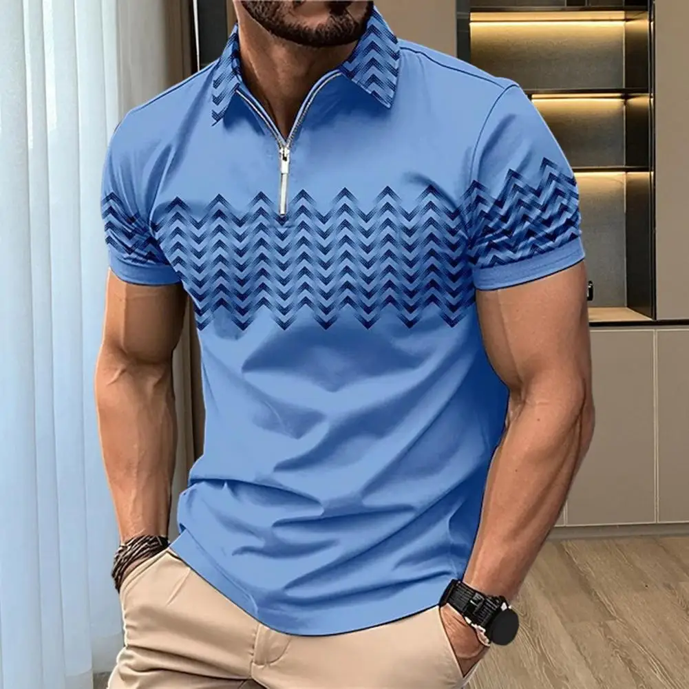 

Men Summer Top Zipper Turn-down Collar Short Sleeves Pullover Slim Fit Color Matching Soft Breathable Sweat-absorption Men Casua