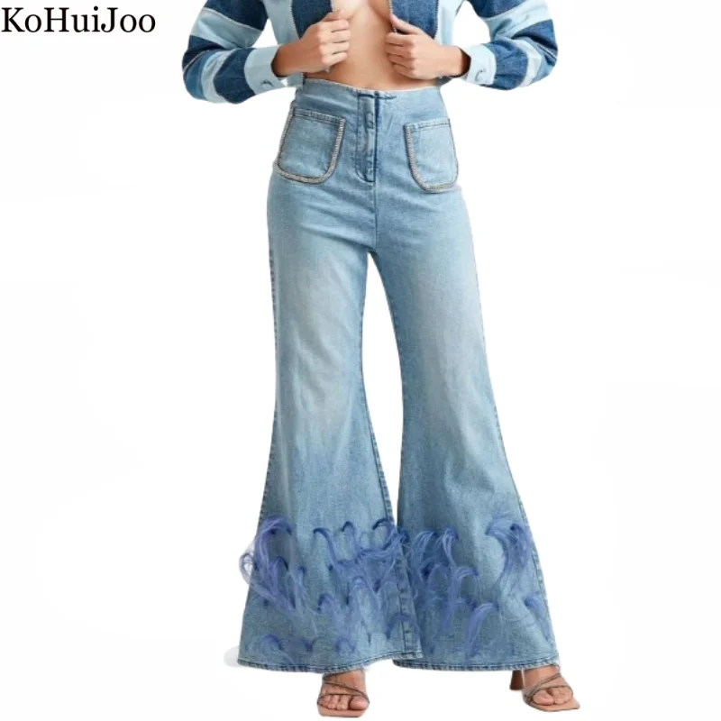 Kohuijoo feather design Women Jeans High Waisted Autumn New Streetwear Fashion Patchwork  Rhinestone Beaded Casual Flare Pants