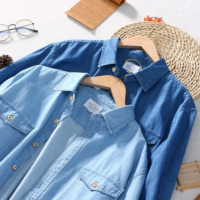 Denim Shirt Men Cotton Long Sleeved Two Front Pockets Turn-down Collar Casual Autumn