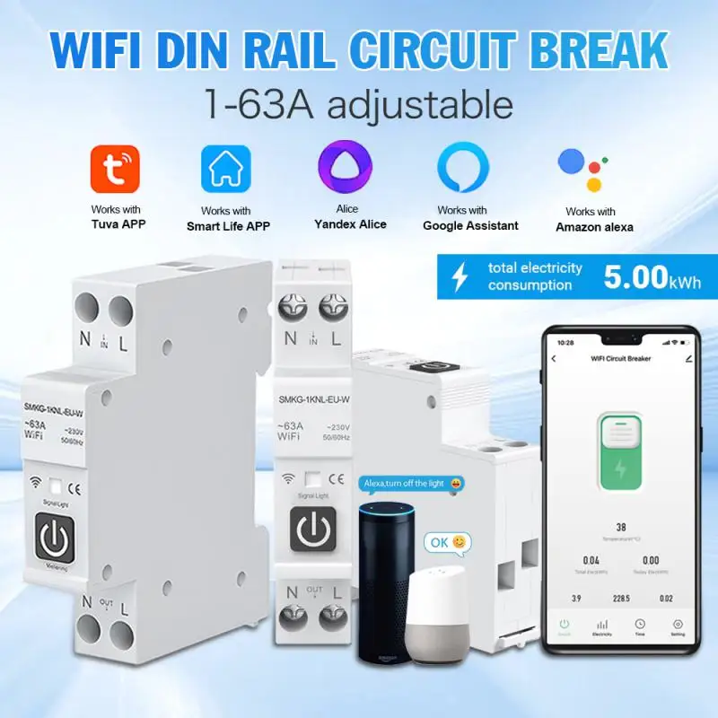 

Умный автоматический выключатель TUYA, 1P 63a, Wi-Fi, с измерителем, DIN-рейка, для умного дома, Беспроводной Выключатель с дистанционным управлением через приложение, черный, со мной