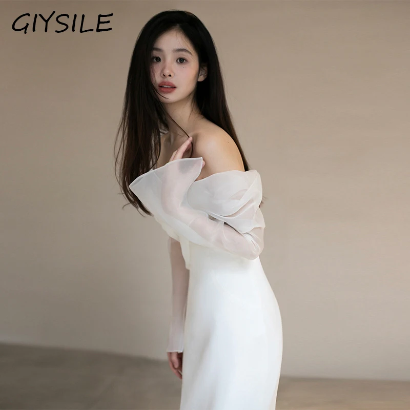 One Shoulder Satin Light Wedding Dress Simple and Slim Fit Sweet Long Sleeved Bride Evening Gown wedding dresses