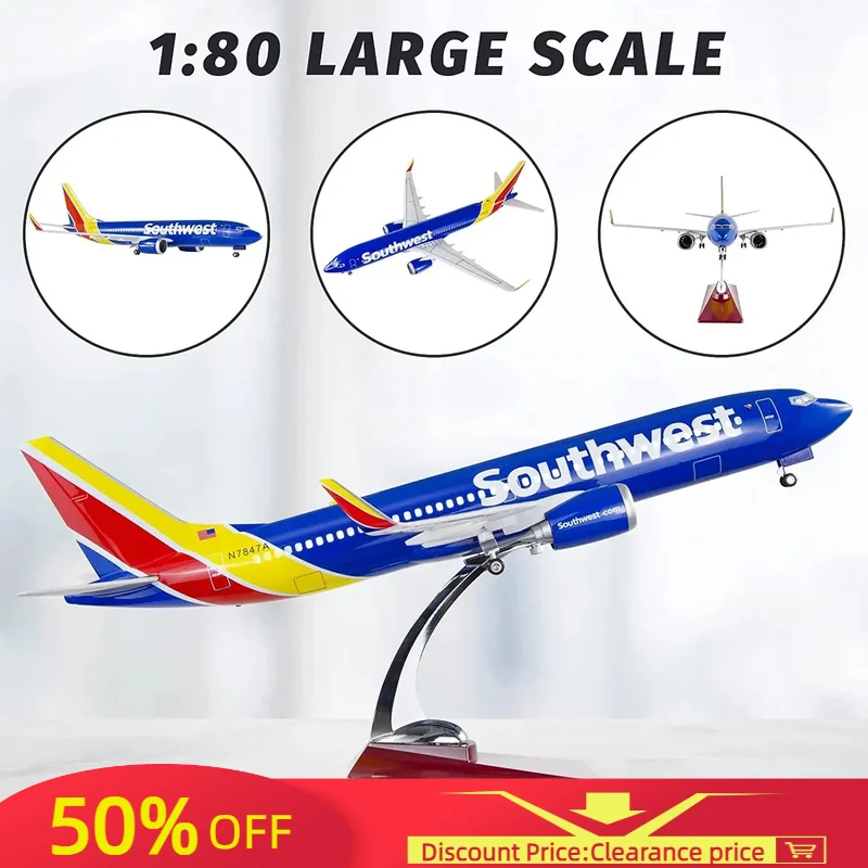 

1:80 Scale Large Model Airplane Southwest Airlines Boeing 737 Plane Models Diecast Airplanes with LED Light for Collection