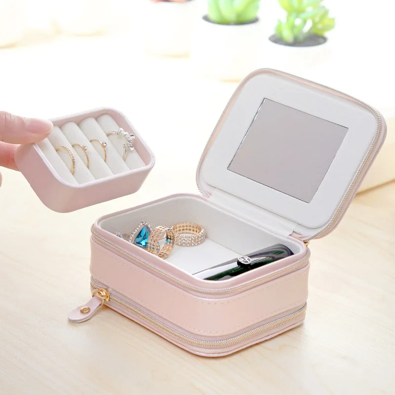 Pu Leather Travel Jewelry Storage Box Ring Earring Bracelet Necklace Lipstick Makeup Case With Mirror Jewelry Organizer Mini New 2023 new double layer jewelry box convenient earrings and earrings jewelry storage bag lipstick ring storage box