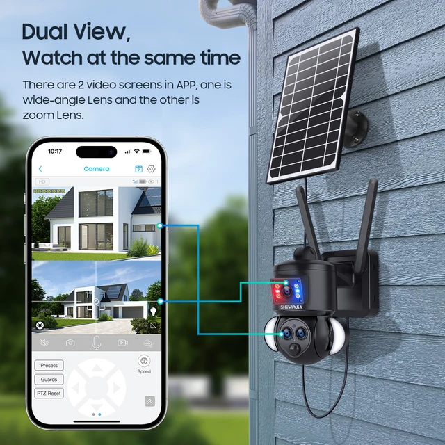 SHIWOJIA 12MP Solar Camera 4G SIM 15X ZOOM Dual Screens Three Lens 360° Outdoor WIFI Battery Security Camera Humanoid Tracking 3
