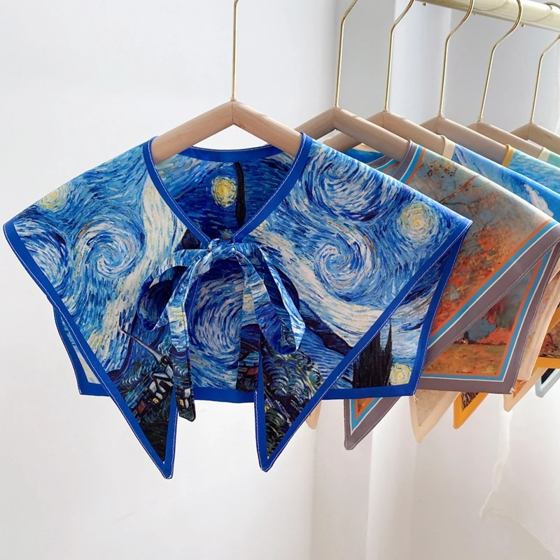

Women Elegant Detachable Collar Scarf Vintage Colorful Landscape Oil Painting Print Shawl Wrap Lace-Up Shrug Capelet