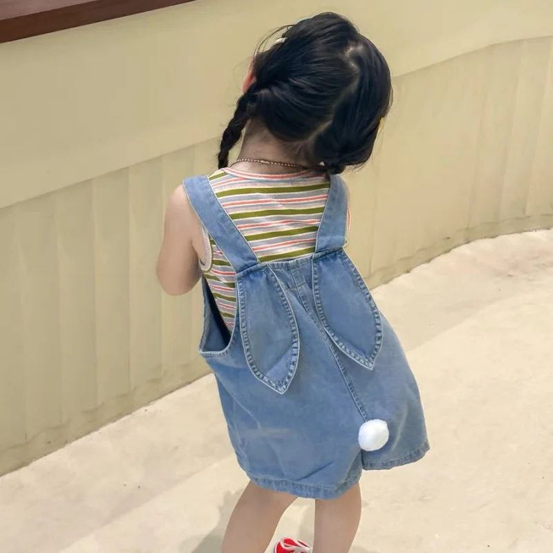 Kids Outfits 1-7T Cute Baby Denim Jumpsuit Boy Girl Sleeveless Bunny Tail Suspender Pant Pocket Romper Outfits Adjustable Jeans Kids Overalls