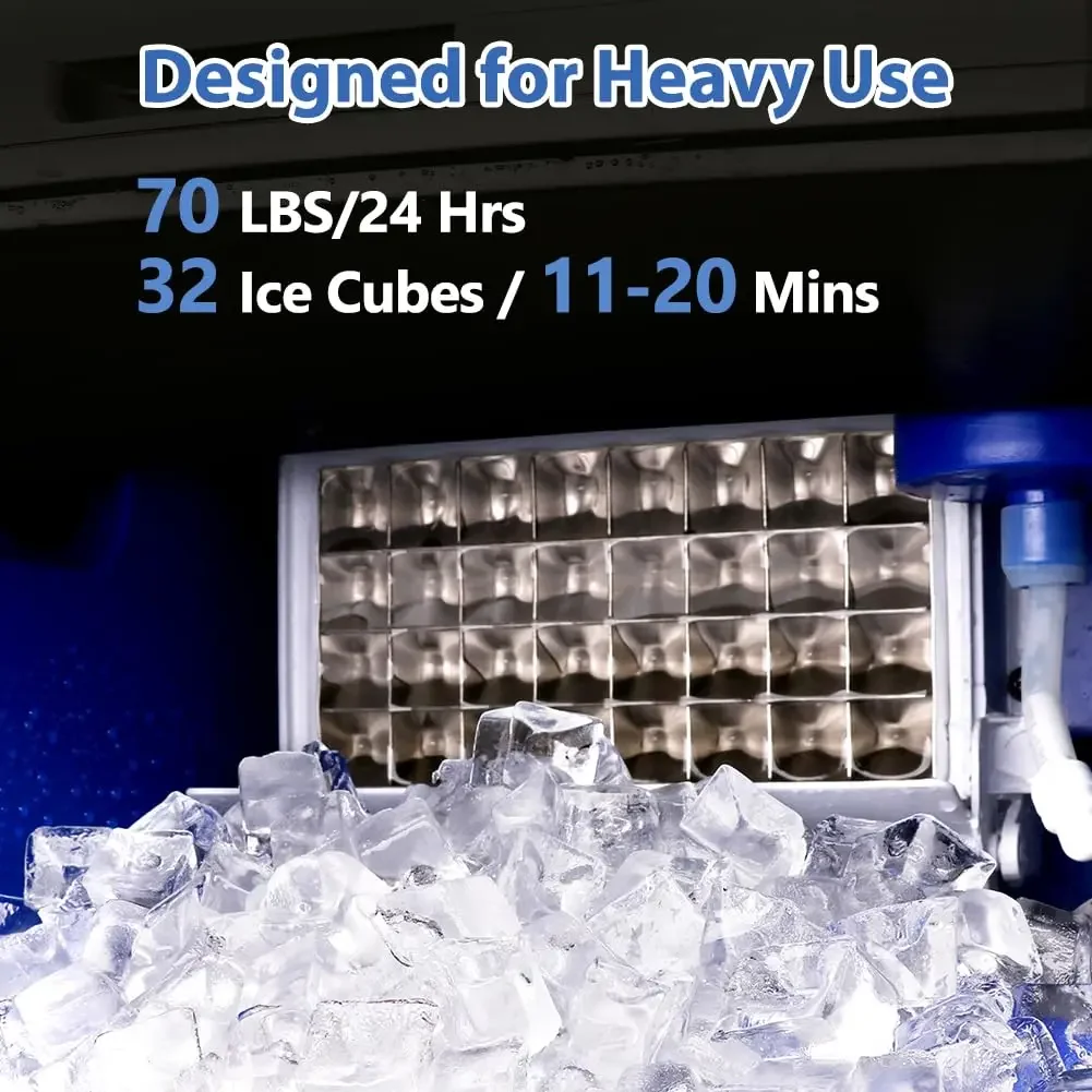 Ice Maker Machine, 70 LBS/24H Under Counter Large Ice Machine w/ 10 LBS Capacity Ice Storage Bin, 2 Water Inlet Modes 2