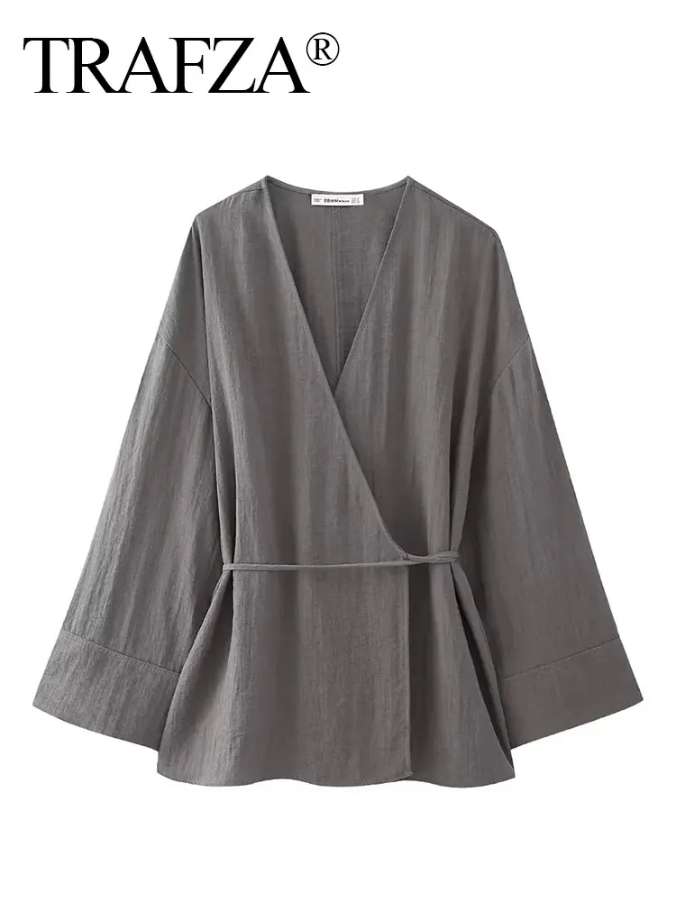 TRAFZA Pajama Style Pants Sets Women 2024 Fashion Kimono Style Lace Up Shirt Top Elastic Waist Trousers Women's Casual Grey Suit