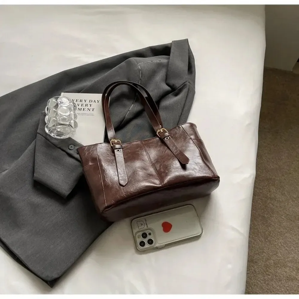 Casual Retro Frauen Schulter Taschen Große Kapazität Einfarbig Dame Tote Tasche PU Leder Handtasche Geldbörsen – Detail 9