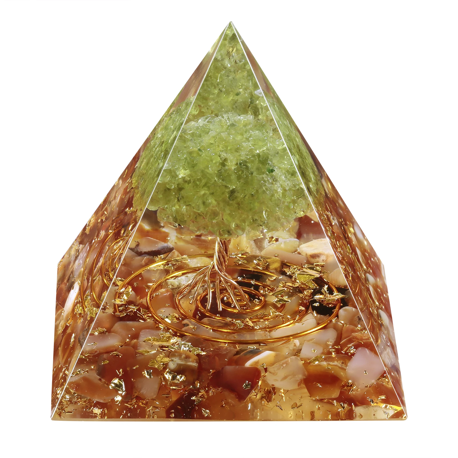 Natural Peridot Tree Of Life Orgone Pyramide Reiki Healing Orgonite Pyramid Yoga Meditation Tool EMF Protection For Home Decor