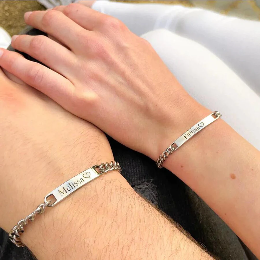 

2p/Set Personalised Stainless Steel Couple Bracelets Custom Charm Men Women Lovers Bangle Valentine's Day Jewelry Gifts