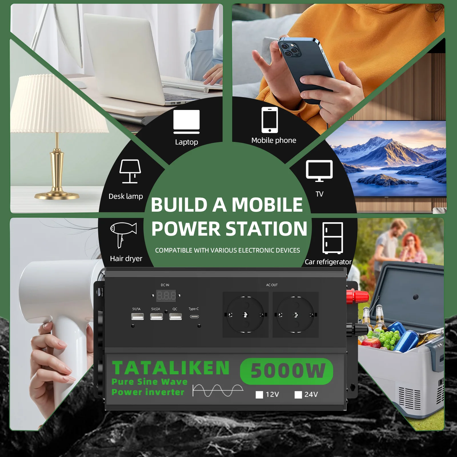 USB, TYPE-C 및 EU 소켓 순수 정현파 인버터 DC 12V to AC 220V 50HZ 전압 변환 컨버터 어댑터 LED 디스플레이