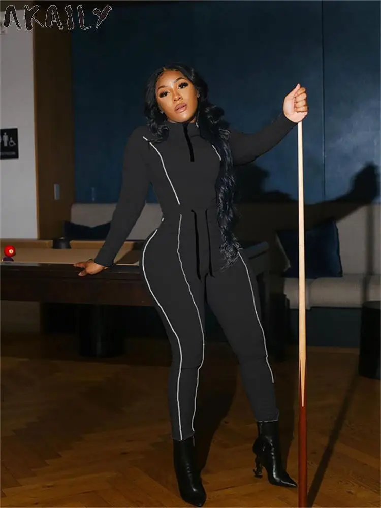 

Комплект спортивной одежды Akaily женский из 2 предметов, черный топ с длинным рукавом и брюки в полоску, уличная одежда, цвет хаки, осень 2022