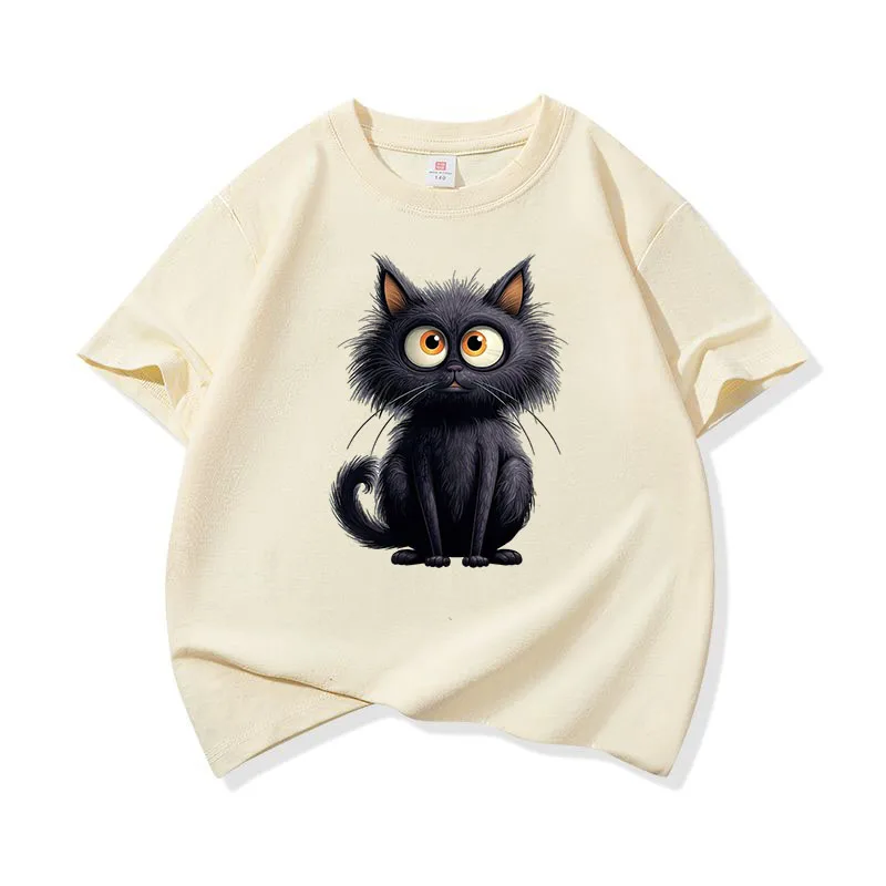 Adorable Black Cat Graphic Kids' Cotton Tee - Soft, Breathable Short Sleeve Shirt