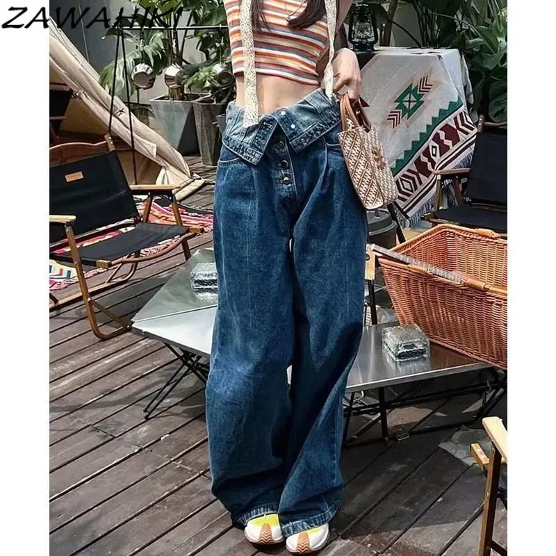 

American Retro High Turn-down Waist Breasted Denim Pants Women Y2K Summer Chic Loose Wide Leg Solid Color Streetweaer Jeans