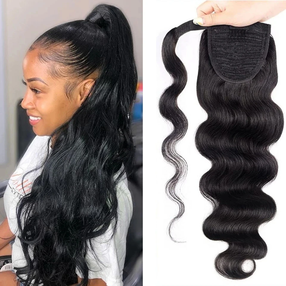 바디 웨이브 포니테일 붙임머리 인모 랩 어라운드 클립형 포니테일 헤어 익스텐..