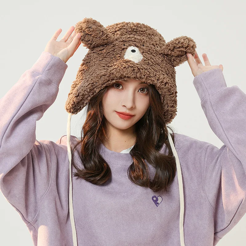 

Autumn Winter Cute Bear Hat for Women Warm Thickened Plush Fluffy Travel Lamb Bomber Hat Pullover Outdoor Ladies Cap