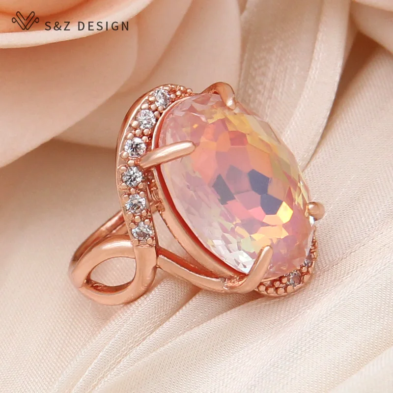 S&Z DESIGN New Fashion 585 Rose Gold Color Oval Egg Shape Crystal Rings For Women Wedding Cubic Zirconia Trendy Jewelry Gift