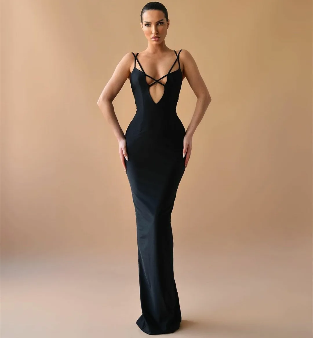 

Vintage Long Black V-Neck Satin Evening Dresses Sheath Spaghetti Floor Length Formal Party Dress for Women