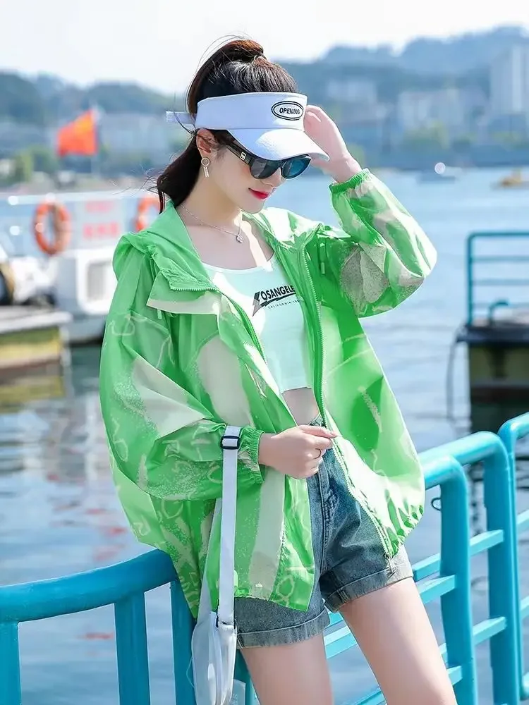 Korean Fashion Print Long Sleeve Hooded Jacket Women Sweatshirt Plus Size Summer Jacket Beach Outdoor Sun Protection Clothing