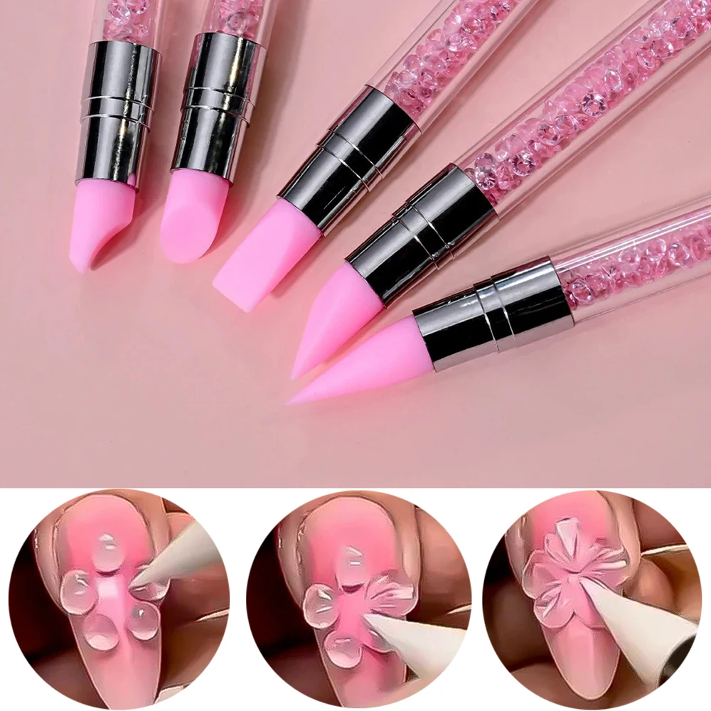 5PCS Dual-Headed Silicone Nail Art Brushes Sculpture Pen Rhinestone Gem Picker Wax Pen Nail Dotting Polishing Drawing Tools