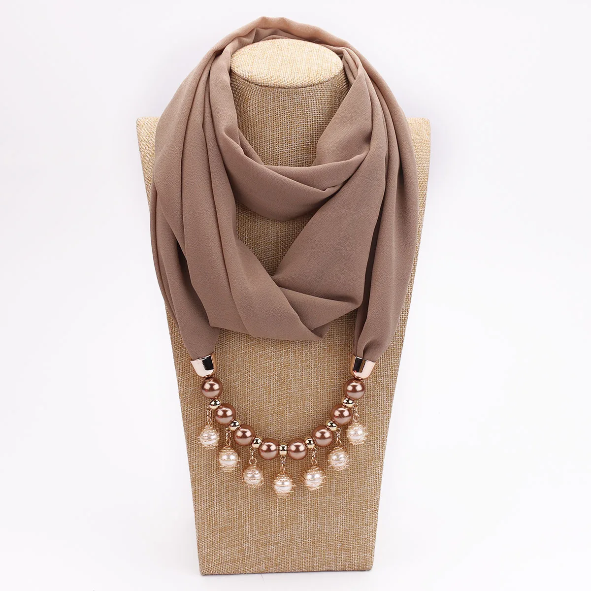 Safb409c4d5f743e7be2165f5e88cefafV Women Chiffon Neckerchief Hijabs Scarf Necklaces Beads Pearls Solid Color Jewelry Shawl Pendant Scarves Bohemia Head Scarf Mallzona